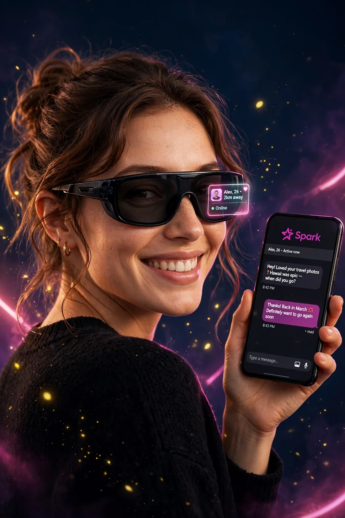 A stylish couple wearing smart glasses in an evening city setting