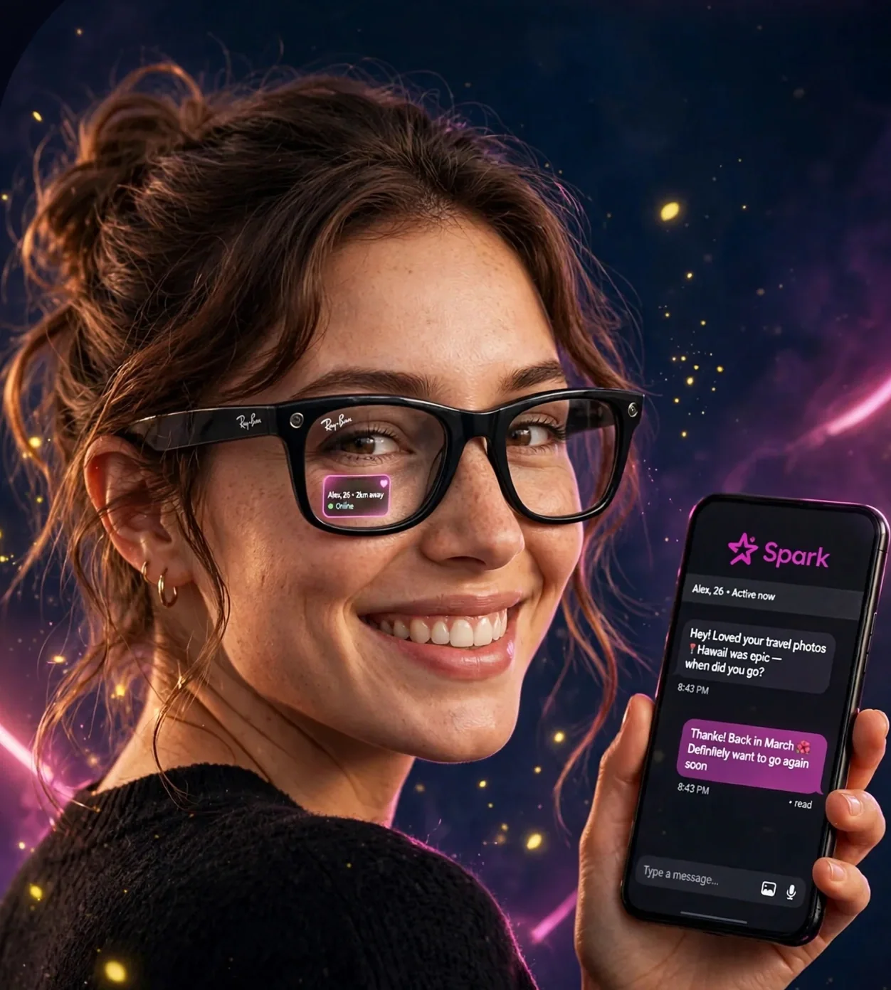 A smiling woman wearing Ray-Ban Display glasses with a Spark match card in the lens, holding a phone showing a Spark chat