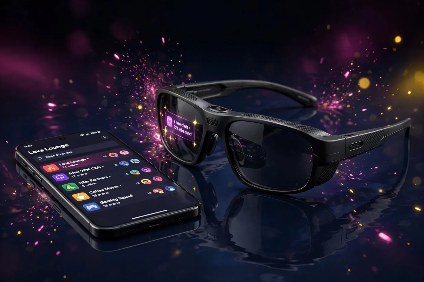 Meta smart glasses beside a phone showing Spark Lava Lounge chat rooms