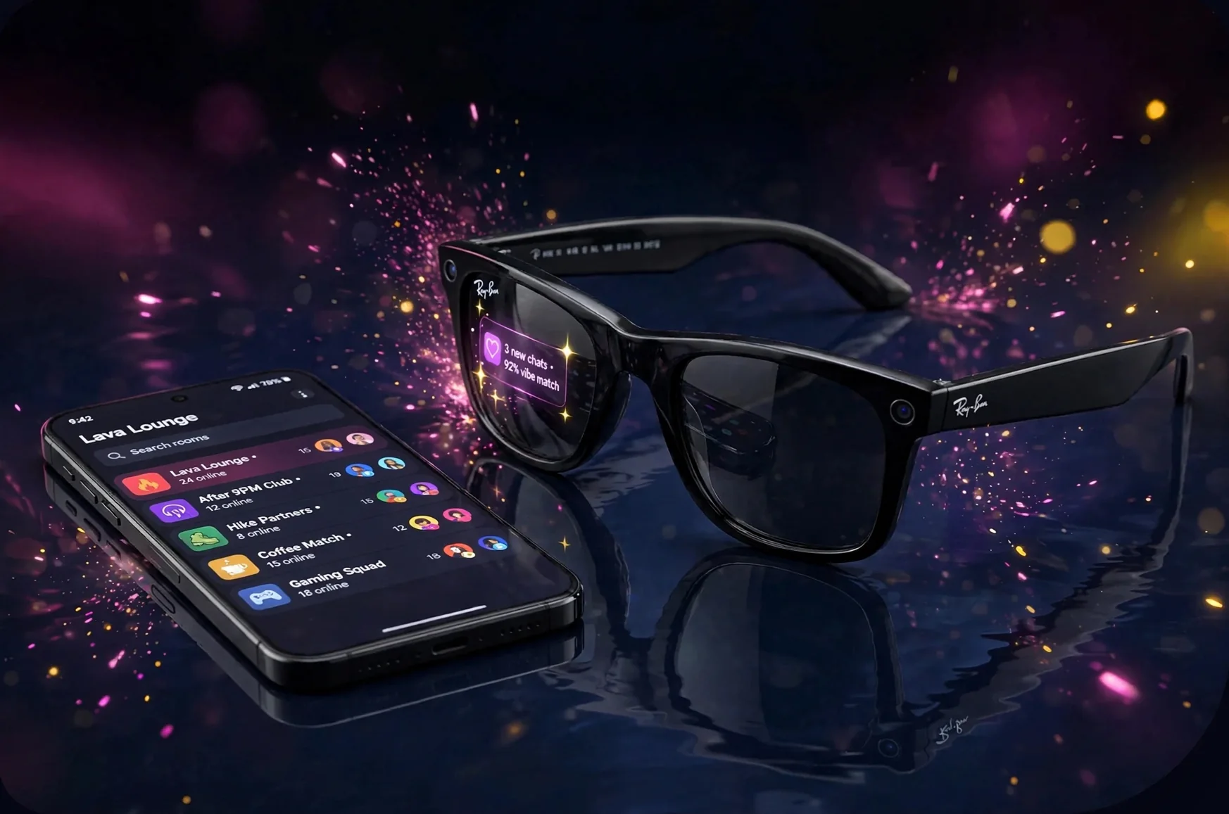 Ray-Ban Display glasses showing a Spark notification in the lens, beside a phone showing Lava Lounge chat rooms