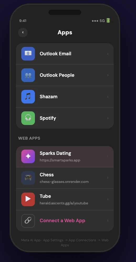 Meta AI app Apps screen showing Sparks Dating at smartsparks.app under Web Apps