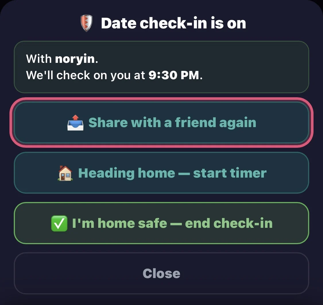 Spark date check-in running on a phone: we'll check on you at 9:30 PM, with Share with a friend again, Heading home, and I'm home safe buttons