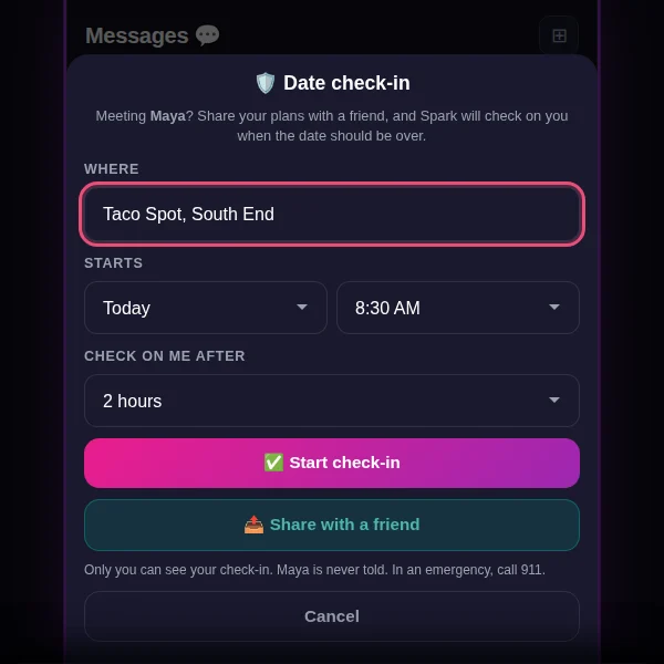 Spark date check-in on a phone: where and when you're meeting, Start check-in, and Share with a friend