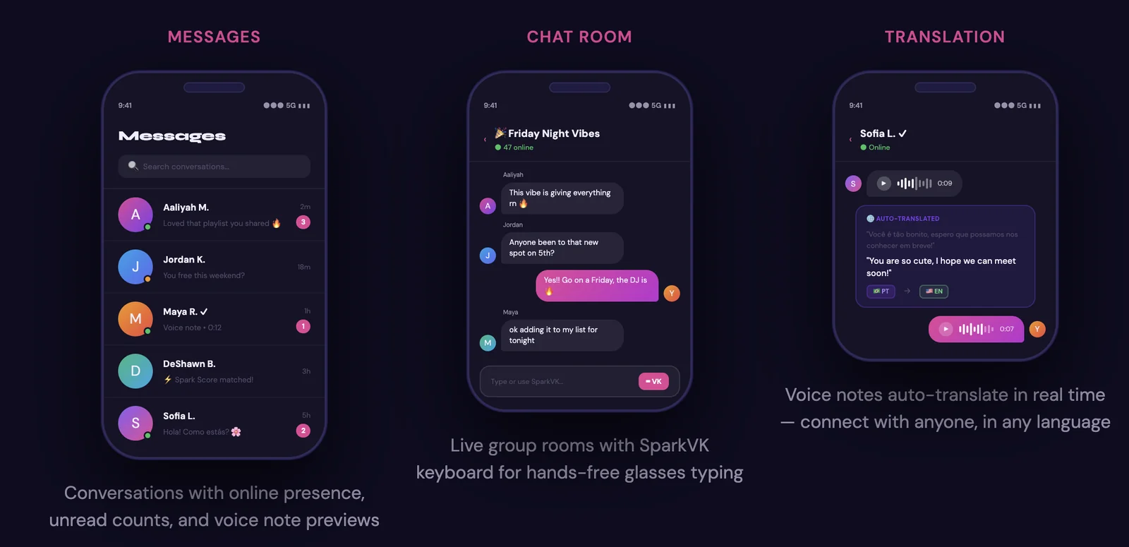 Spark Messages, live Chat Room, and voice-note Translation screens shown side by side