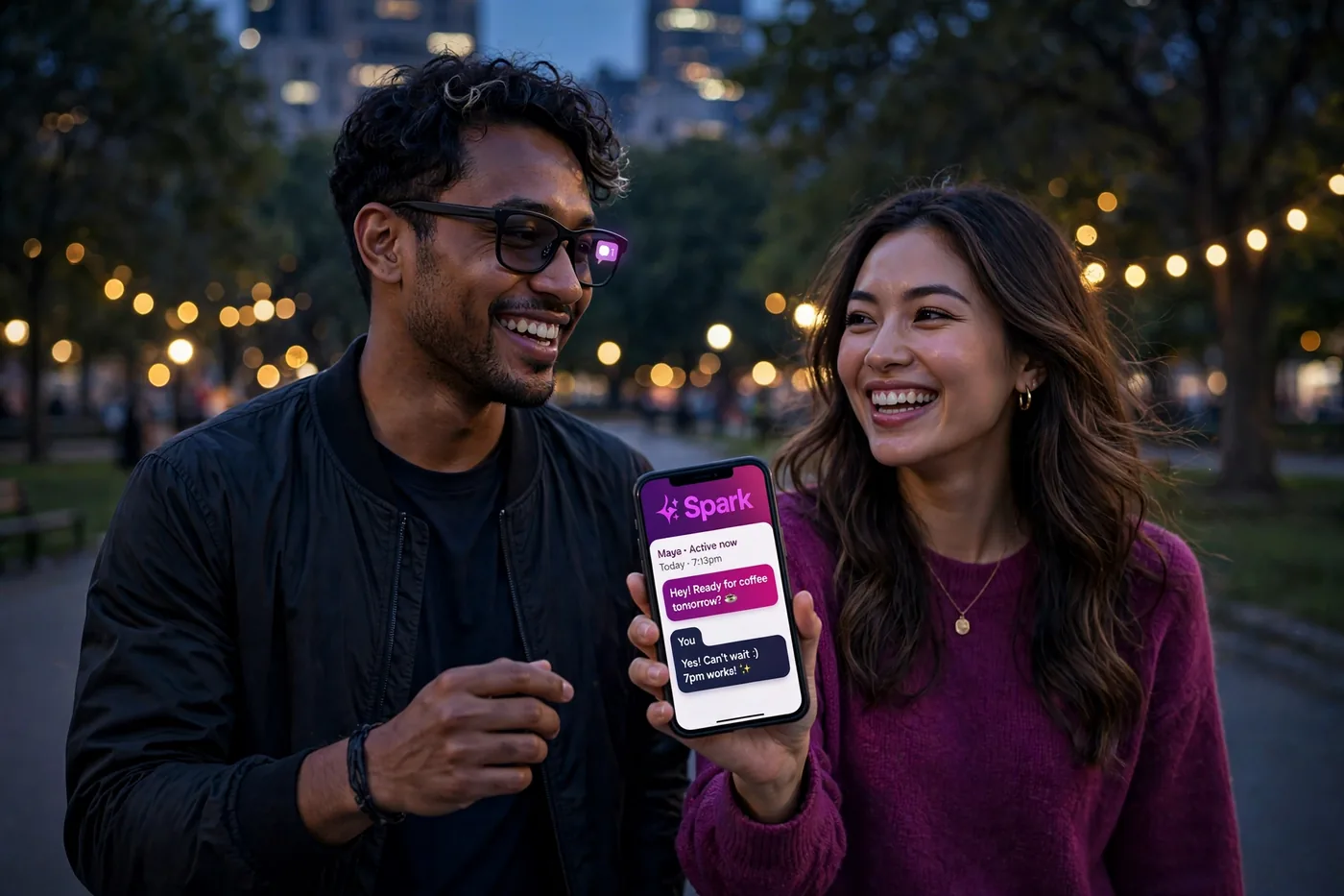 A couple smiling together outdoors while wearing smart glasses